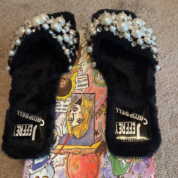 Open Toe Faux Fur Jeffery Campbell Slides with Faux Pearl and Crystal Detail ! - Picture 3 of 8